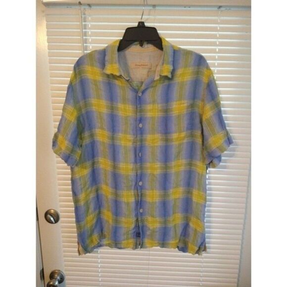 Tommy Bahama plaid 100% linen collared Button Down shirt Large blue & Yellow - Picture 2 of 9